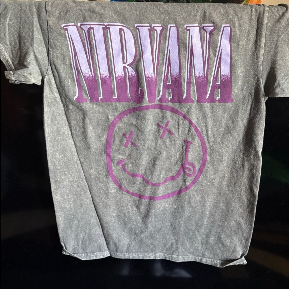 NIRVANA Gray and Purple Short Sleeve Tee with Iconic Logo